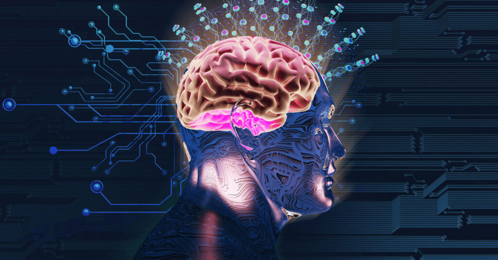Illustration of a human head with a glowing brain, displaying neural connections and energy waves representing emotional mind integration