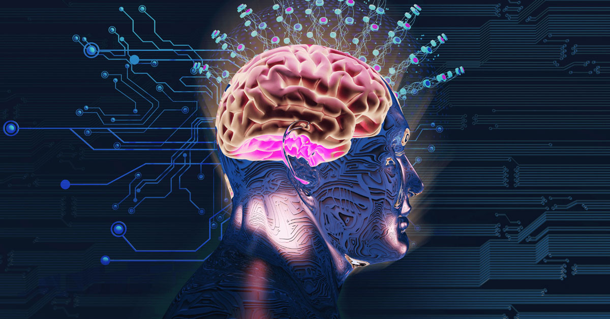 Illustration of a human head with a glowing brain, displaying neural connections and energy waves representing emotional mind integration