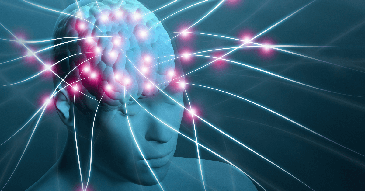 A digital illustration of a human figure with an illuminated brain, interconnected by glowing neural pathways and pink energy nodes.